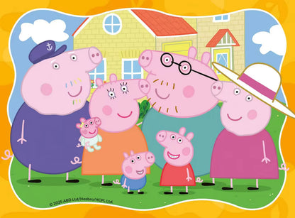 Peppa Pig puzzel afbeelding van familie buiten bij huis, onderdeel van Ravensburger Peppa Pig 4-in-1 puzzel.