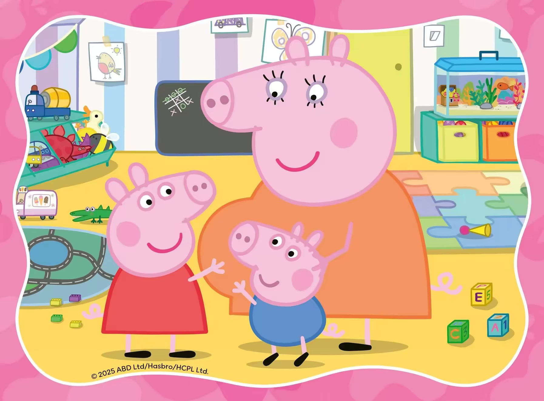 Peppa Pig puzzel afbeelding in speelkamer met speelgoed en familie, Ravensburger puzzel voor jonge kinderen.