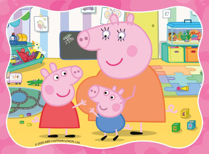Peppa Pig puzzel afbeelding in speelkamer met speelgoed en familie, Ravensburger puzzel voor jonge kinderen.