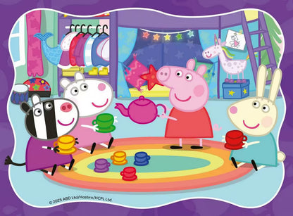 Peppa Pig puzzel afbeelding met theekransje en vriendjes, kleurrijk Ravensburger ontwerp speciaal voor kinderen.