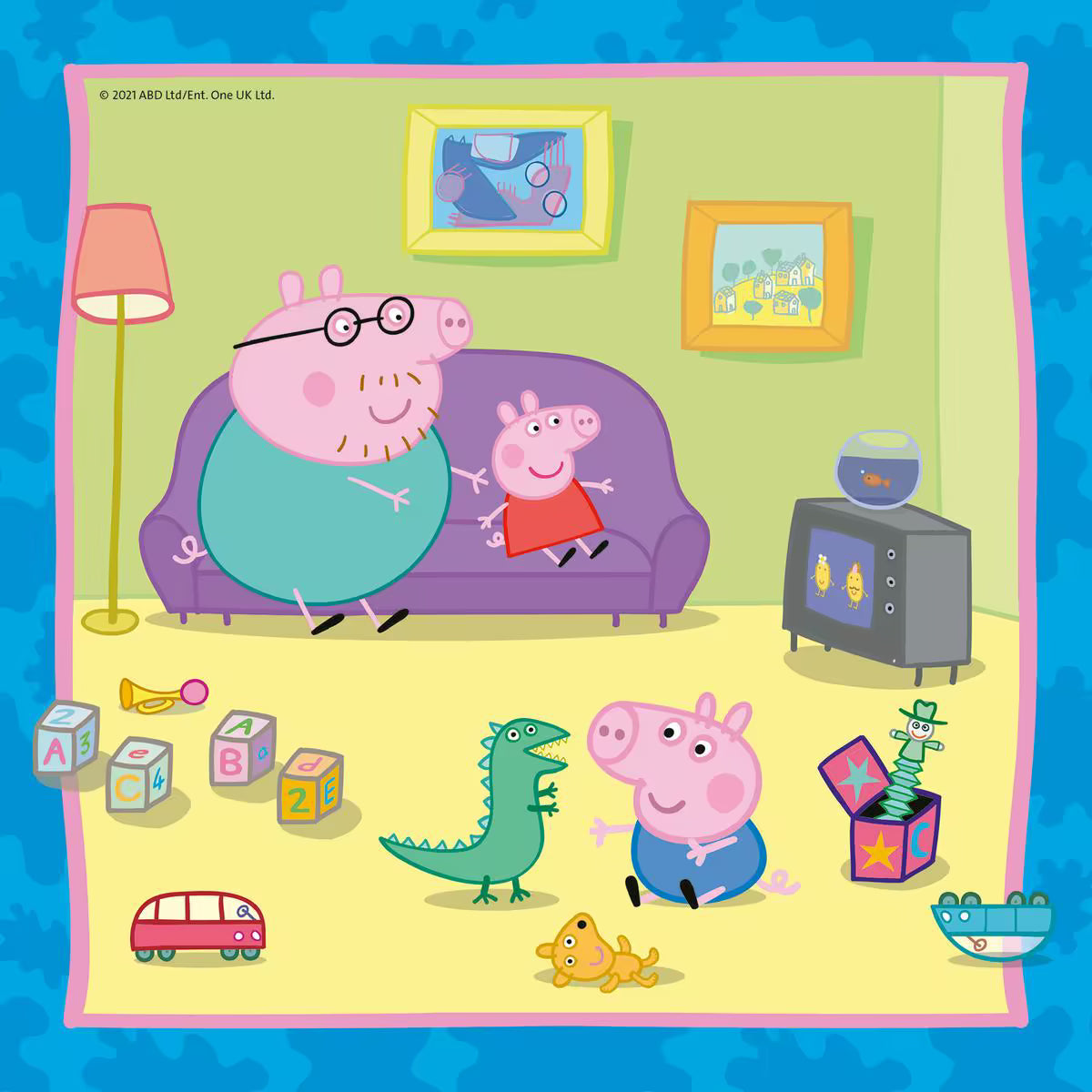 Peppa Pig speelgoedkamer puzzelafbeelding met speelgoed, bank en tv, ideaal Ravensburger puzzel voor kinderen.