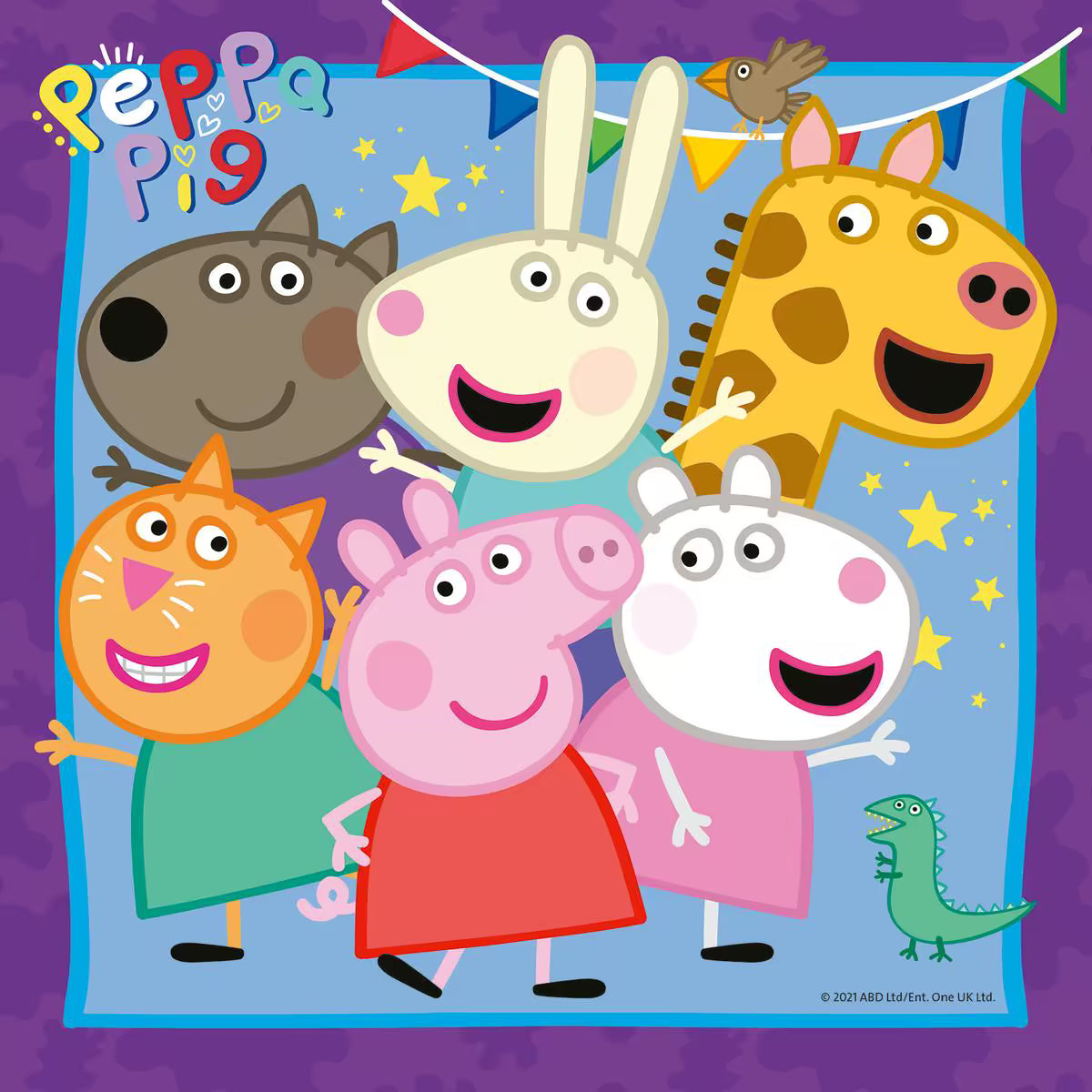 Peppa Pig met haar vriendjes in kleurrijke puzzelafbeelding, vrolijk kinderspeelgoed met dierenfiguren.