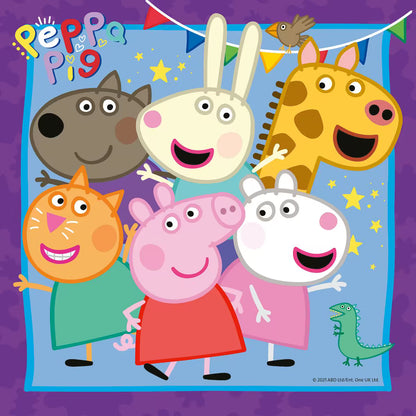 Peppa Pig met haar vriendjes in kleurrijke puzzelafbeelding, vrolijk kinderspeelgoed met dierenfiguren.