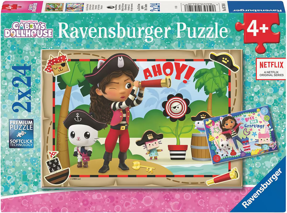 Doos Ravensburger puzzel Gabby’s Dollhouse 2x24pcs met vrolijke piratenillustratie en kleurrijke verpakking voor kinderen.