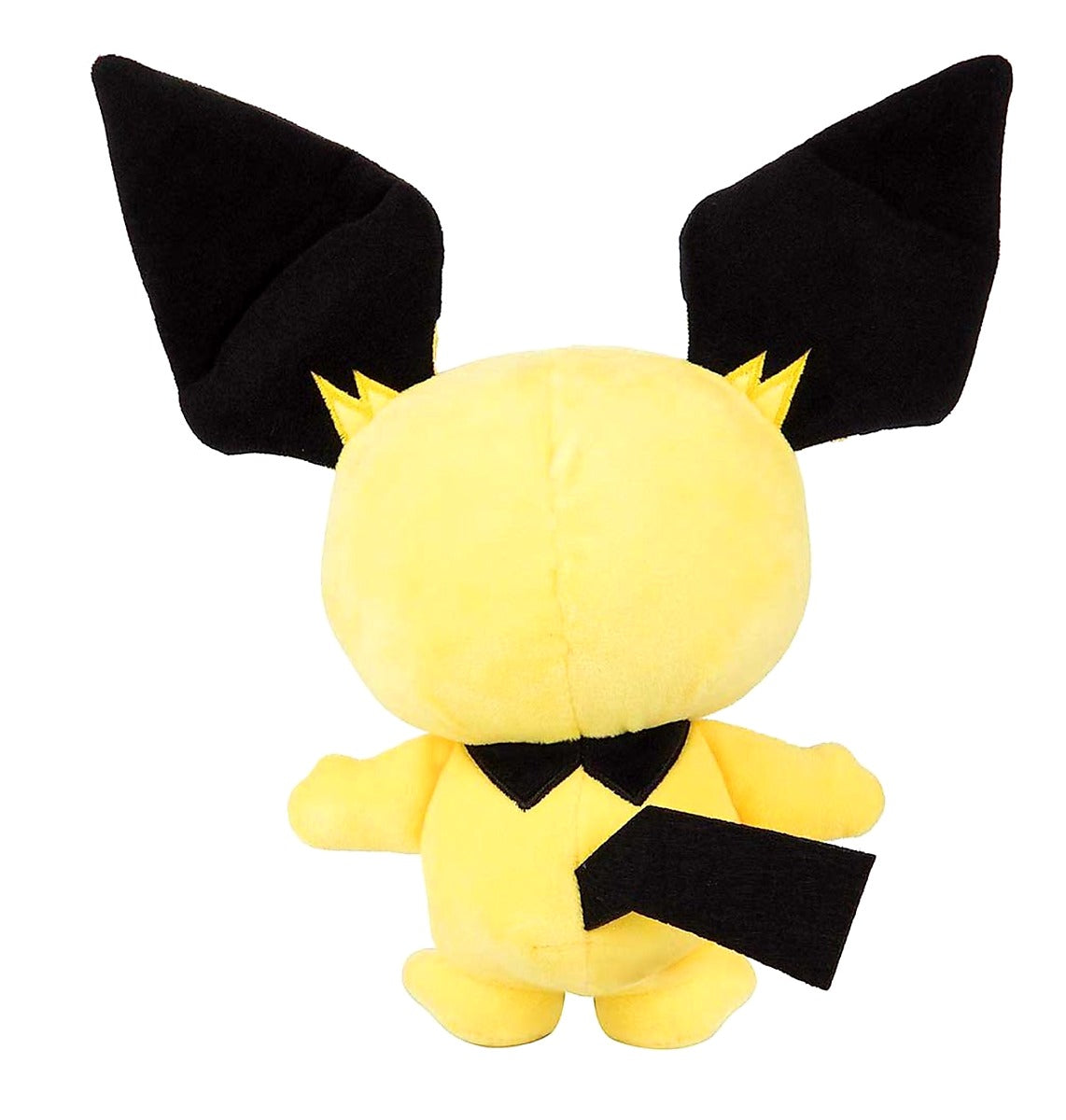 Pichu Pokémon knuffel gezien vanaf de achterzijde, Pichu met zwarte staart en oren, geschikt voor Pokémon gen I verzamelaars.