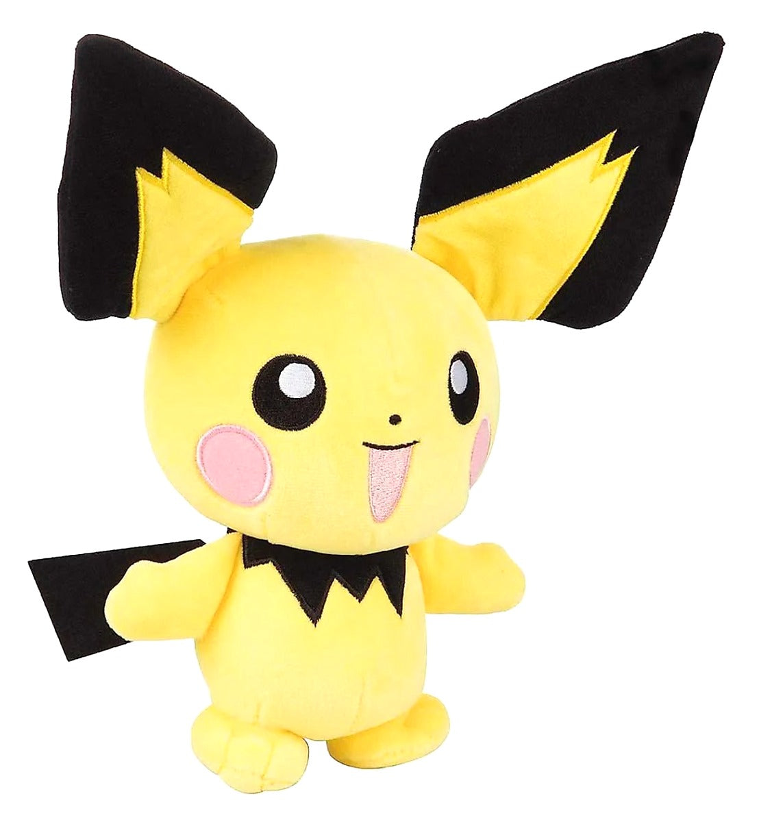 Pichu Pokémon knuffel in vooraanzicht, gele Pokémon Pichu met grote oren en vrolijke uitstraling voor kinderen en peuters.