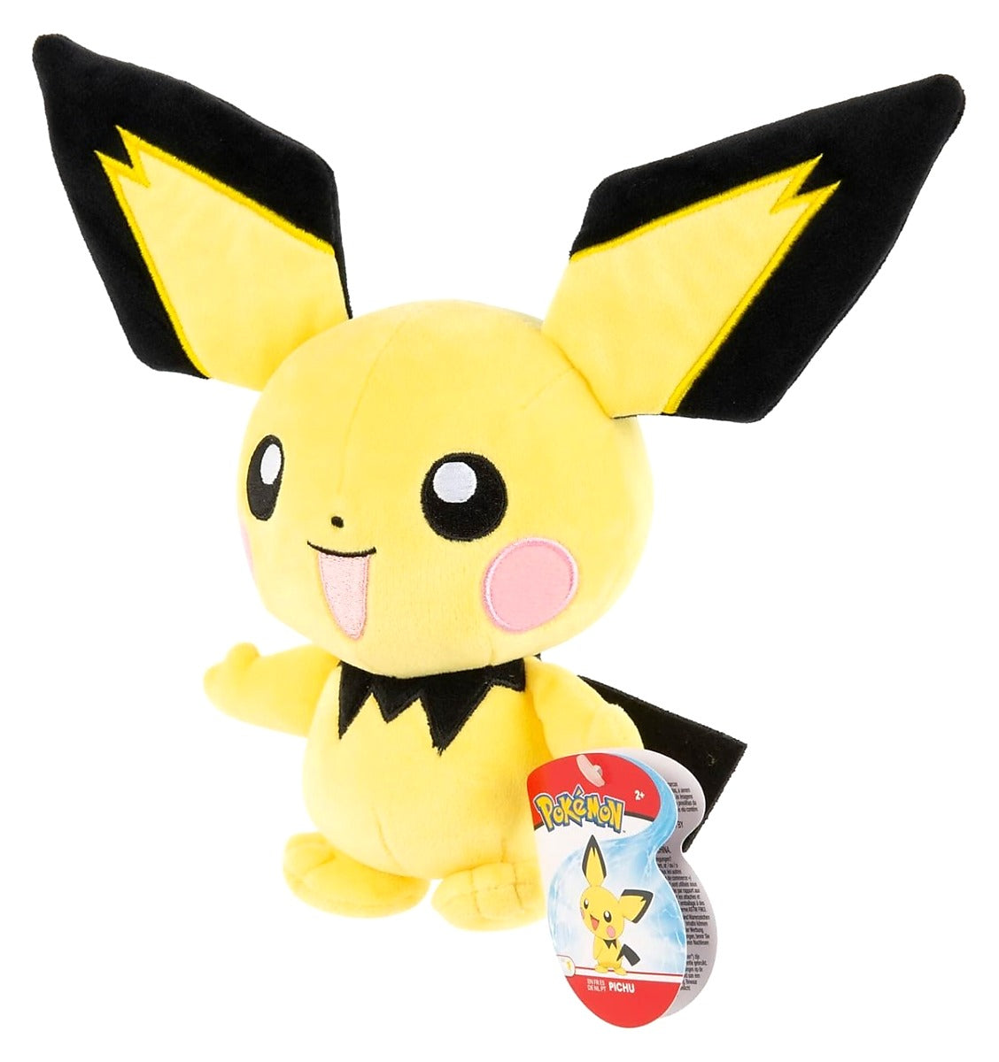 Pichu Pokémon knuffel met geel en zwart design, voorkant met label zichtbaar, ideaal als Pokémon cadeau voor jonge fans.