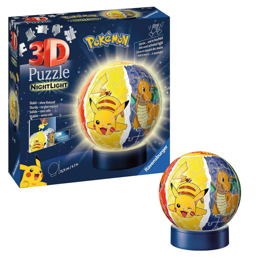 Pokémon 3D puzzel nachtlampje Ravensburger verpakking voorkant met Pikachu en Dragonite op de doos.