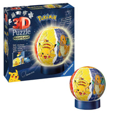 Pokémon 3D puzzel nachtlampje Ravensburger verpakking voorkant met Pikachu en Dragonite op de doos.