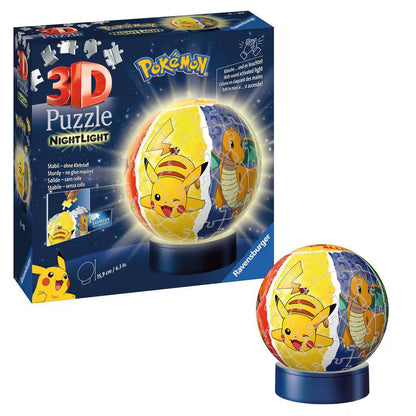 Pokémon 3D puzzel nachtlampje Ravensburger verpakking voorkant met Pikachu en Dragonite op de doos.