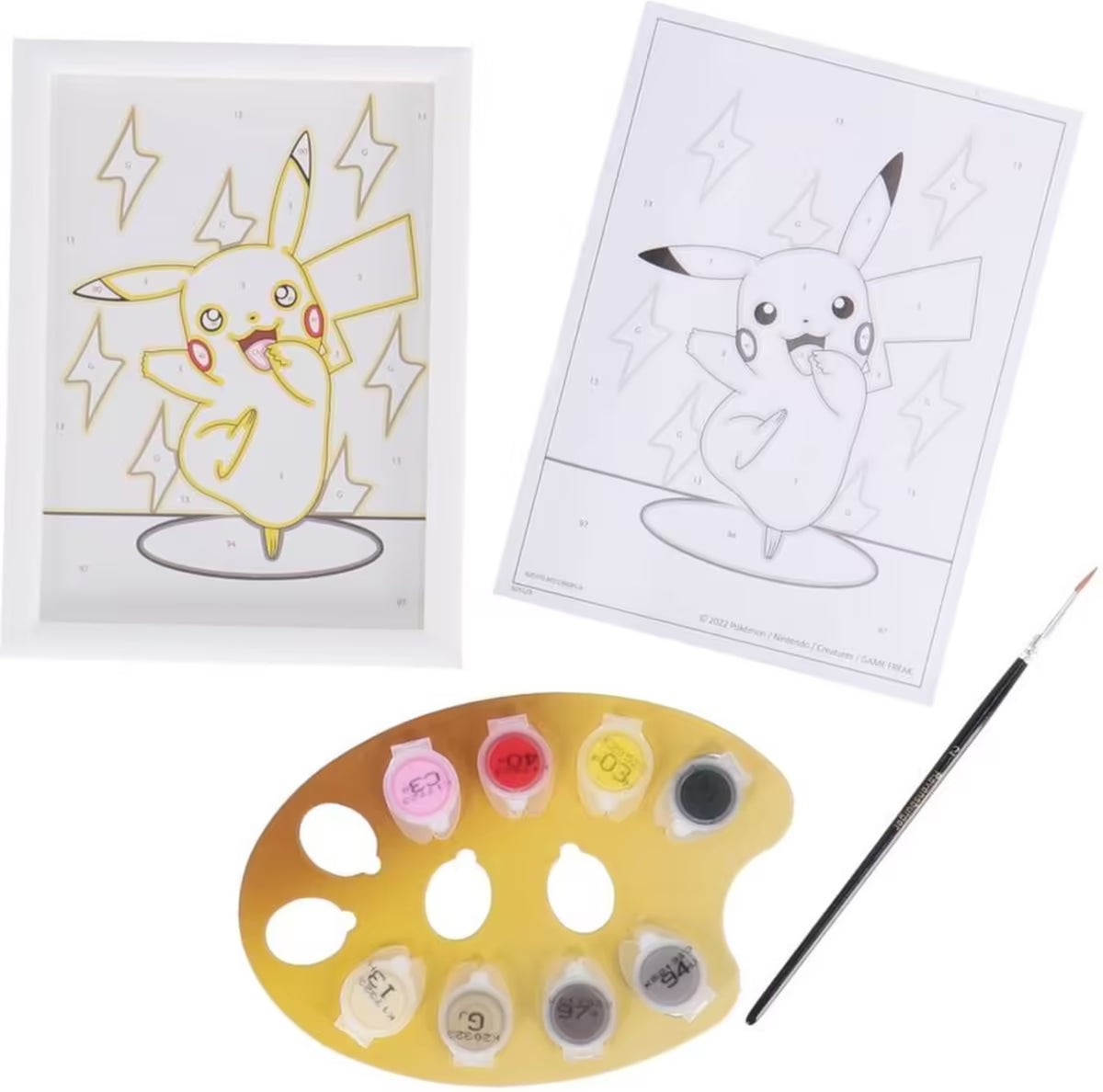 Pokémon CreArt Ravensburger set met schilderbord, verfpalet en Pikachu schilderij op nummer, knutselen met kinderen.