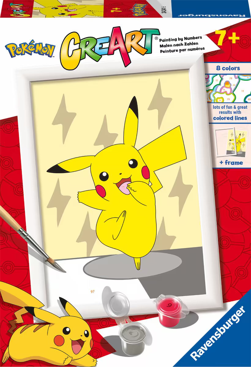 Pokémon CreArt Ravensburger verpakking met Pikachu schilderij, schilderen op nummer set voor creatieve kinderen.