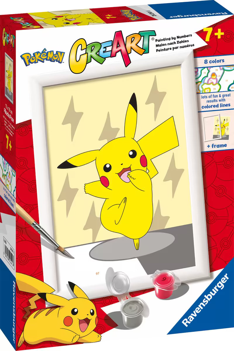 Pokémon CreArt Ravensburger voorkant verpakking met Pikachu schilderij op nummer, leuk knutsel idee voor kinderen.