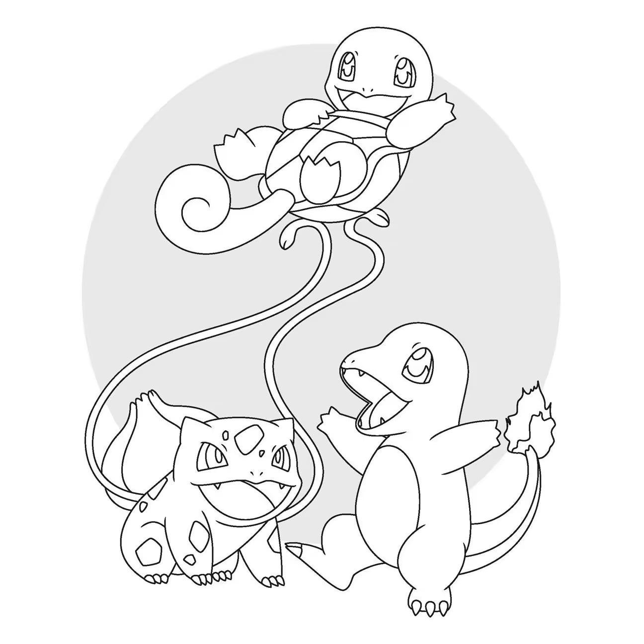 Zwart-wit Pokémon kleurplaat met Bulbasaur, Charmander en Squirtle, ideaal voor jonge fans die kleurplaten van Pokémon willen.