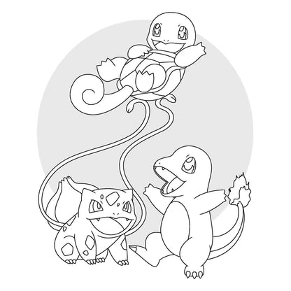 Zwart-wit Pokémon kleurplaat met Bulbasaur, Charmander en Squirtle, ideaal voor jonge fans die kleurplaten van Pokémon willen.