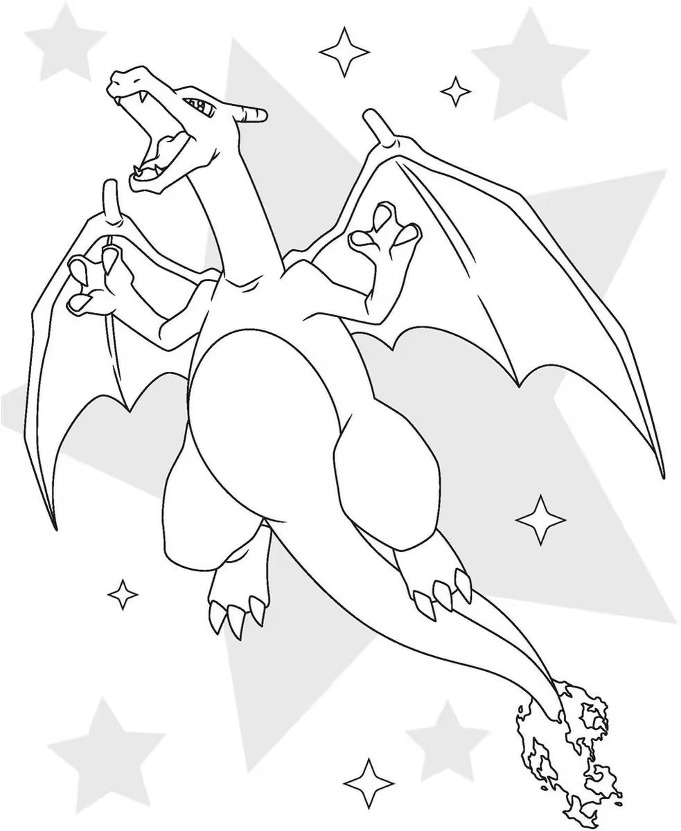 Stoere Pokémon kleurplaat van Charizard met open vleugels en vuurstaart, detailrijke zwart-wit tekening om in te kleuren.