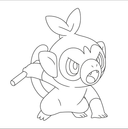 Strijdlustige Chimchar met stok in zwartwit lijnstijl, speelse pokemon kleurplaat en kleurplaat Chimchar voor kinderen.