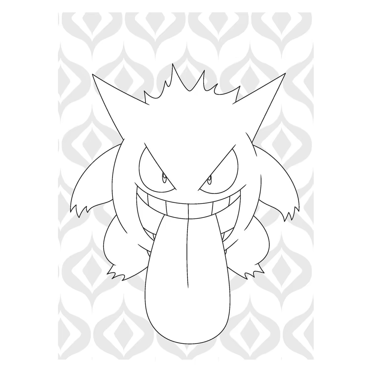 Grappige Pokémon kleurplaat van Gengar met grote glimlach en tong uitgestoken, populair bij kinderen die kleurplaten van Pokémon zoeken.