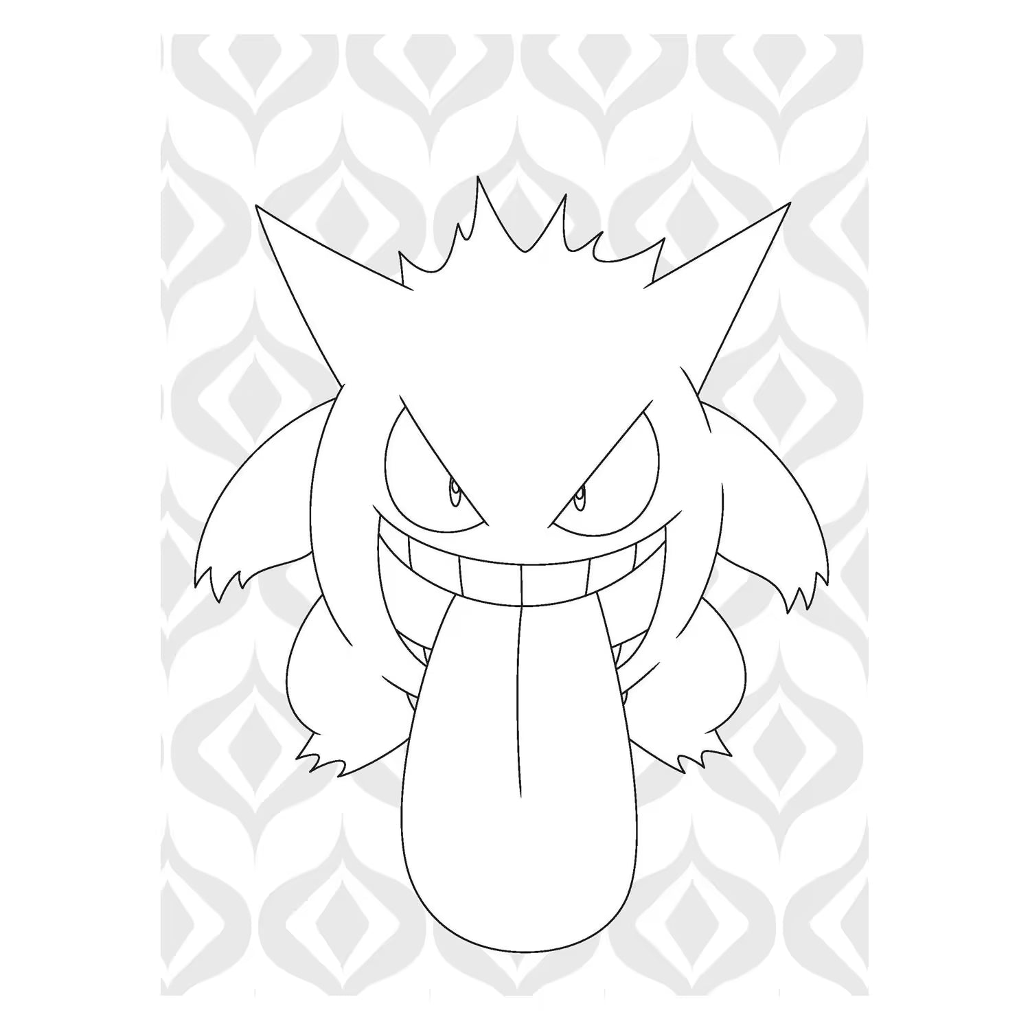 Grappige Pokémon kleurplaat van Gengar met grote glimlach en tong uitgestoken, populair bij kinderen die kleurplaten van Pokémon zoeken.