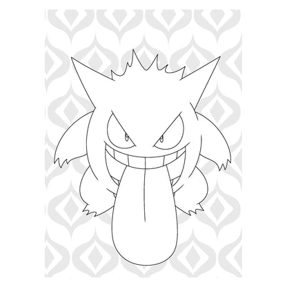 Grappige Pokémon kleurplaat van Gengar met grote glimlach en tong uitgestoken, populair bij kinderen die kleurplaten van Pokémon zoeken.