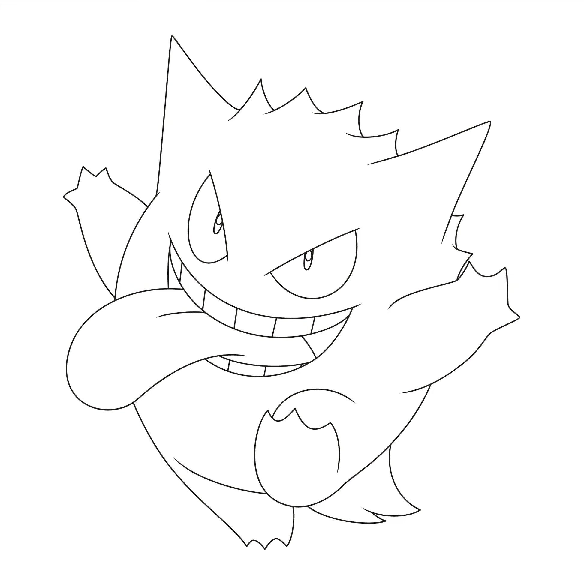 Grijnzende Gengar met uitgestoken tong in zwarte lijnen op wit, spannende pokemon kleurplaat en kleurplaat Gengar.