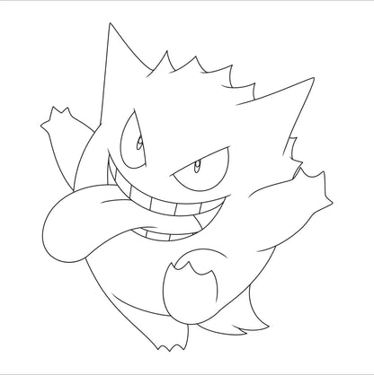 Grijnzende Gengar met uitgestoken tong in zwarte lijnen op wit, spannende pokemon kleurplaat en kleurplaat Gengar.