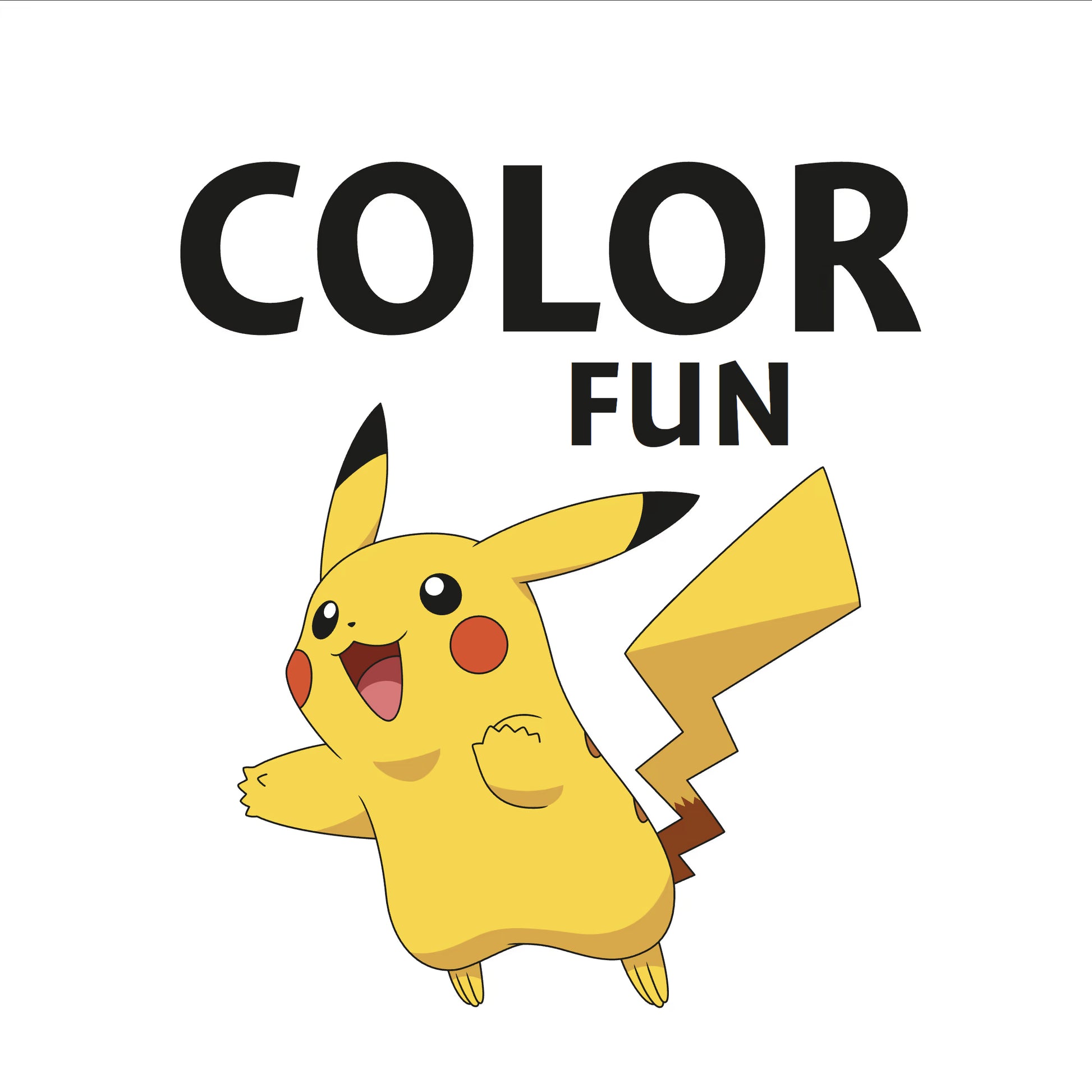 Vrolijke gele Pikachu op witte achtergrond met tekst Color Fun, ideale pokemon kleurplaat en kleurplaten Pikachu.