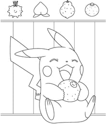 Schattige Pokémon kleurplaat Pikachu die een bes vasthoudt, ideaal voor kinderen die kleurplaten Pikachu zoeken.