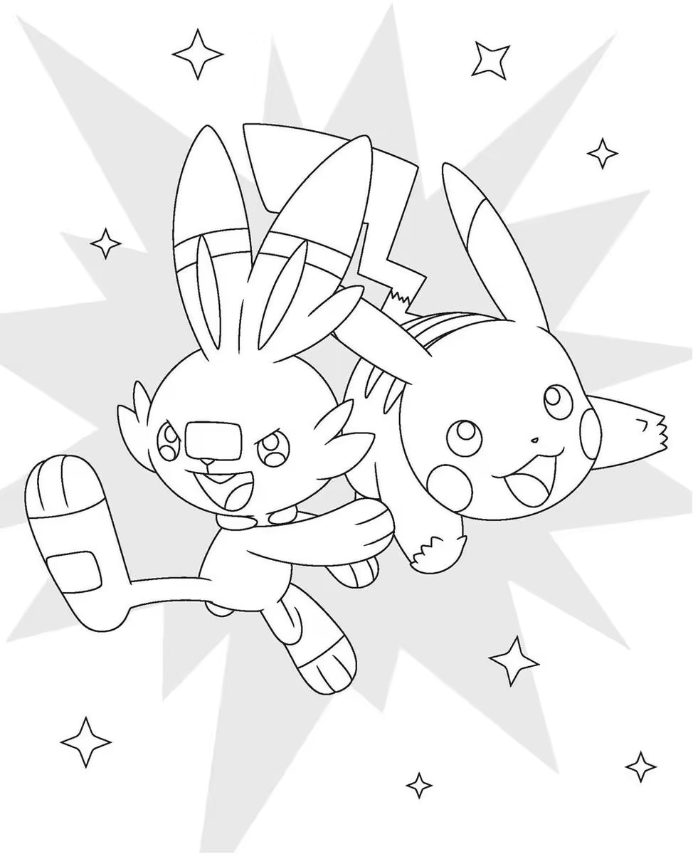 Pokémon kleurplaat van Pikachu en Scorbunny samen in actie, vrolijke zwart-wit lijntekening uit kleurboek voor kinderen.