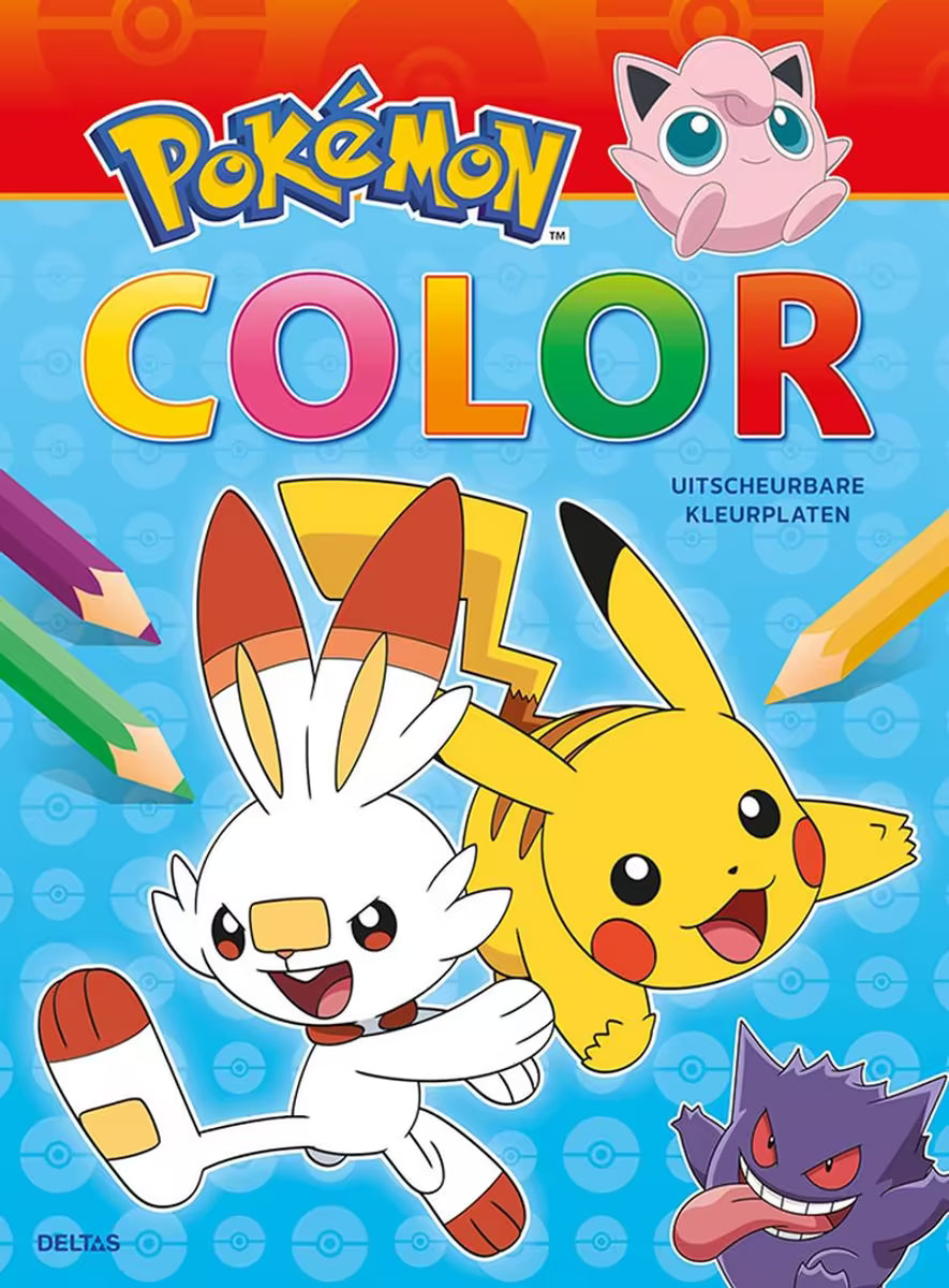 Voorkant Pokémon kleurboek met Pikachu, Scorbunny en Jigglypuff, kleurrijk design met uitscheurbare kleurplaten van Pokémon.