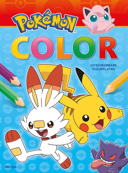 Voorkant Pokémon kleurboek met Pikachu, Scorbunny en Jigglypuff, kleurrijk design met uitscheurbare kleurplaten van Pokémon.