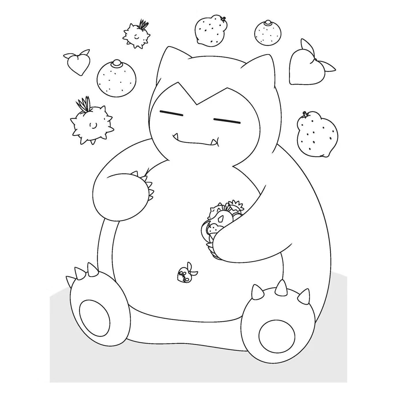 Pokémon kleurplaat van Snorlax die geniet van fruit, ontspannende zwart-wit lijntekening perfect voor jonge Pokémon fans.