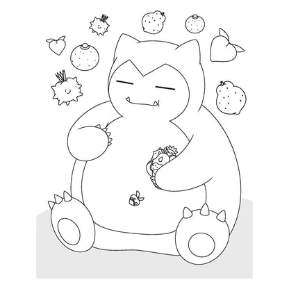 Pokémon kleurplaat van Snorlax die geniet van fruit, ontspannende zwart-wit lijntekening perfect voor jonge Pokémon fans.