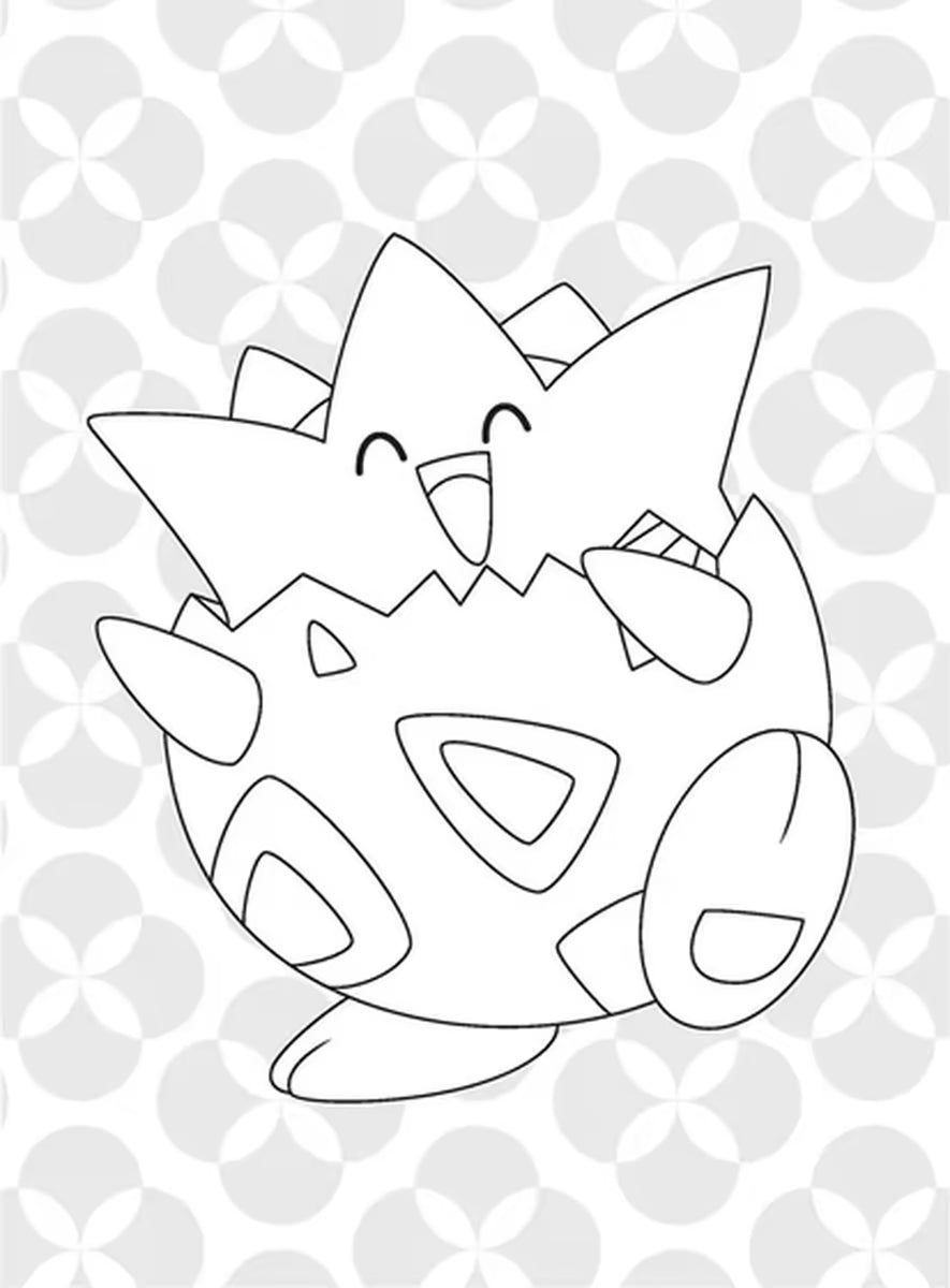 Vrolijke Pokémon kleurplaat van Togepi uit het kleurboek, zwart-wit lijntekening om in te kleuren door kinderen.