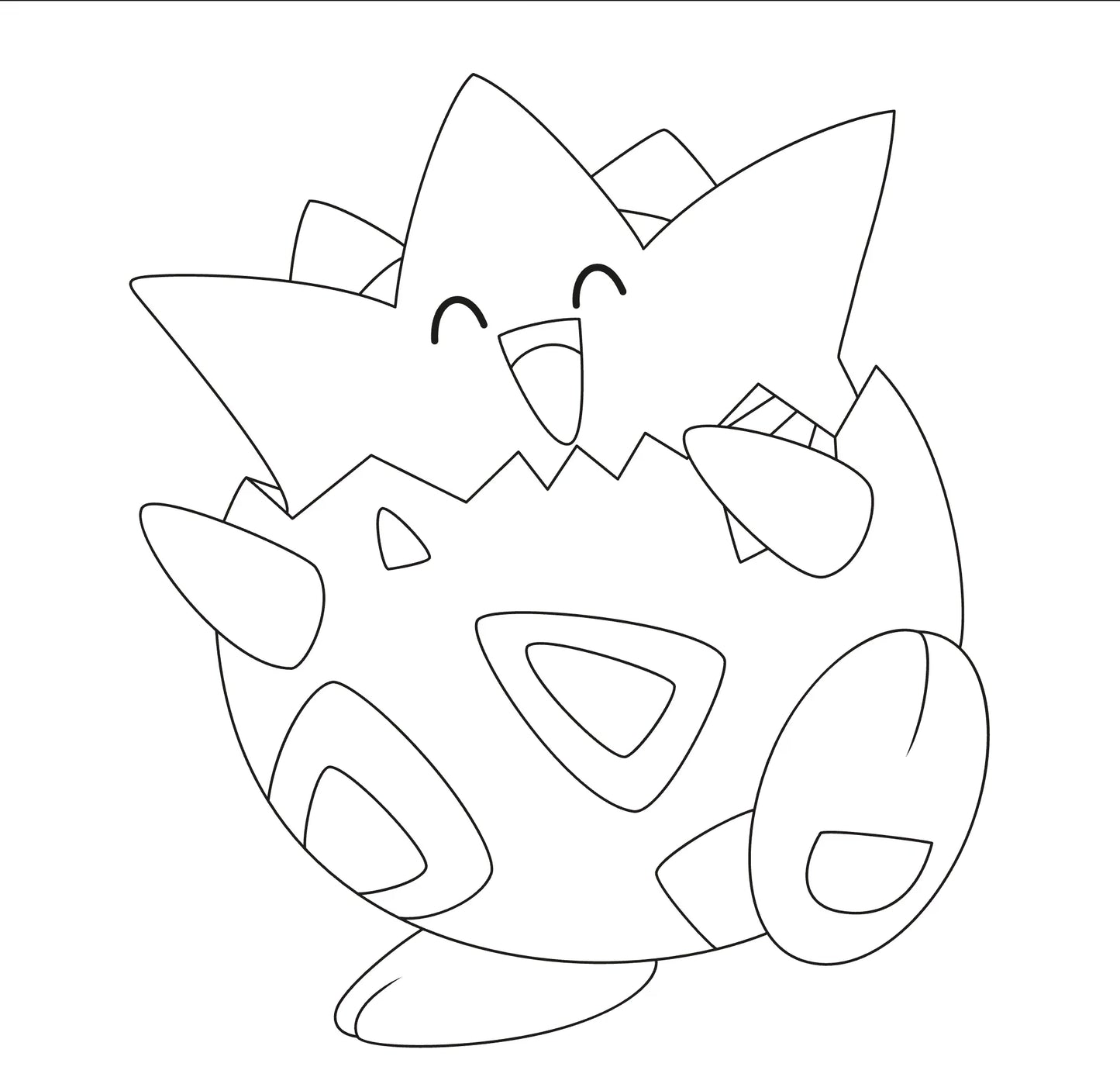 Blije Togepi in eierschaal als eenvoudige zwartwit tekening, vrolijke pokemon kleurplaat en kleurplaat Togepi.