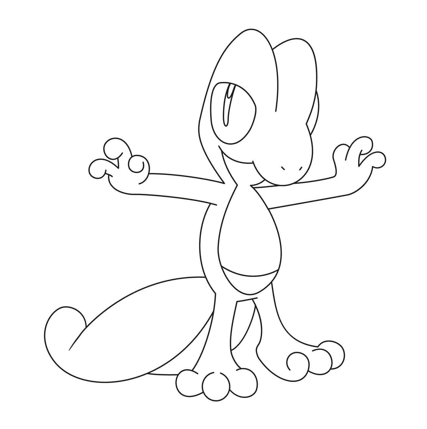 Zwarte lijntekening van Treecko met open armen op witte achtergrond, leuke pokemon kleurplaat en kleurplaat Treecko.