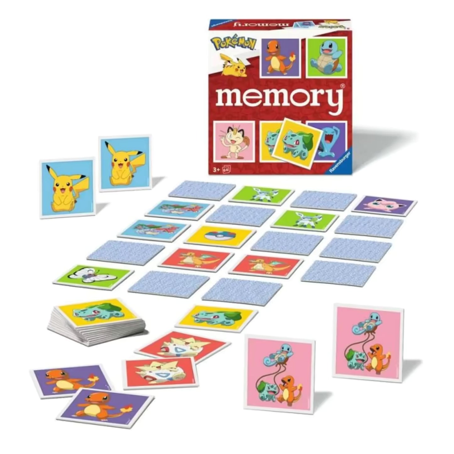 Bovenaanzicht van Ravensburger Pokémon memory spel met kleurrijke kaarten, ideaal educatief speelgoed voor kinderen vanaf 3 jaar.