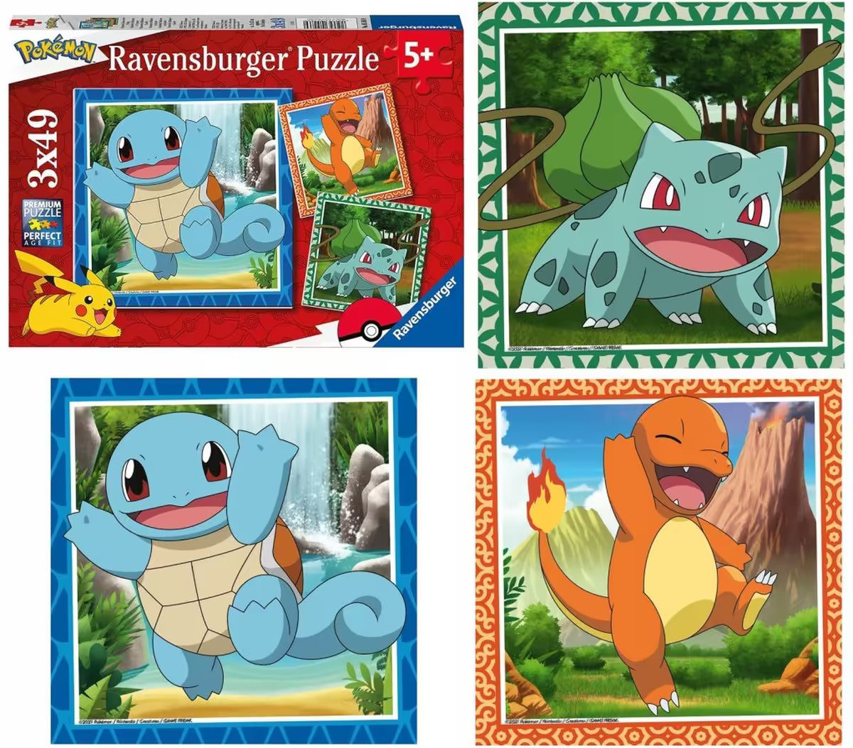 Detailweergave van Ravensburger Pokemon puzzel 3x49pcs met Squirtle, Charmander en Bulbasaur in vrolijke setting.