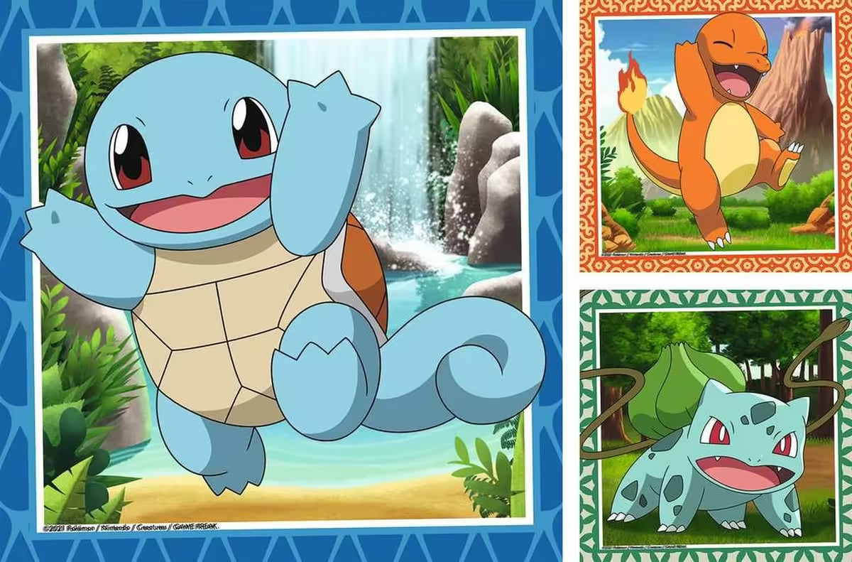 Detailweergave van Ravensburger Pokemon puzzel 3x49pcs met Squirtle, Charmander en Bulbasaur in vrolijke setting.