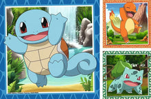 Detailweergave van Ravensburger Pokemon puzzel 3x49pcs met Squirtle, Charmander en Bulbasaur in vrolijke setting.
