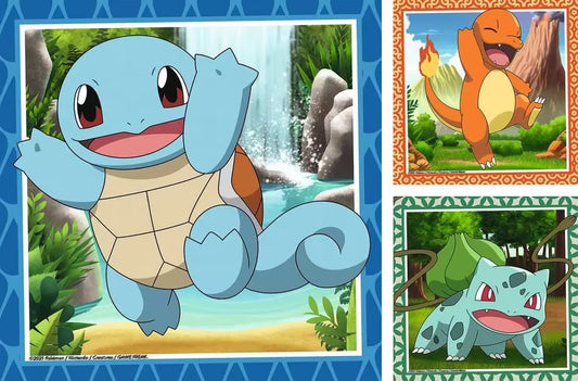 Detailweergave van Ravensburger Pokemon puzzel 3x49pcs met Squirtle, Charmander en Bulbasaur in vrolijke setting.