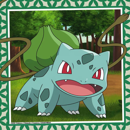 Detail van Ravensburger Pokemon puzzel met Bulbasaur in een bosrijke achtergrond, perfect voor jonge Pokemon fans.
