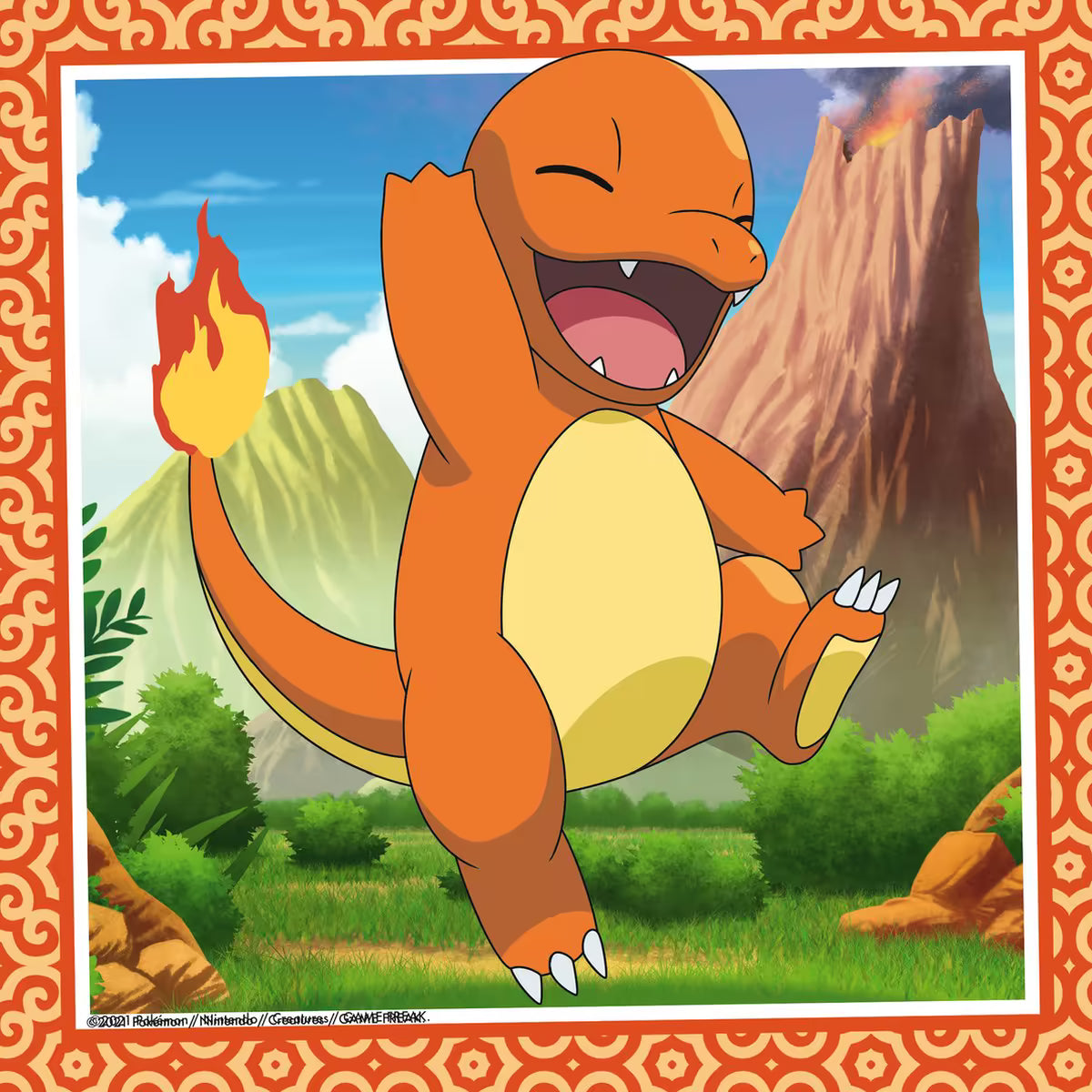 Detailfoto Ravensburger Pokemon puzzel met Charmander lachend voor een vulkaan en groene natuur op de achtergrond.