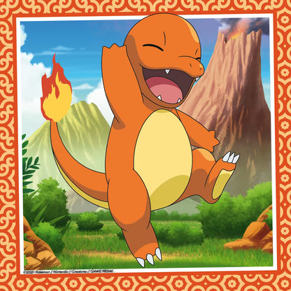 Detailfoto Ravensburger Pokemon puzzel met Charmander lachend voor een vulkaan en groene natuur op de achtergrond.