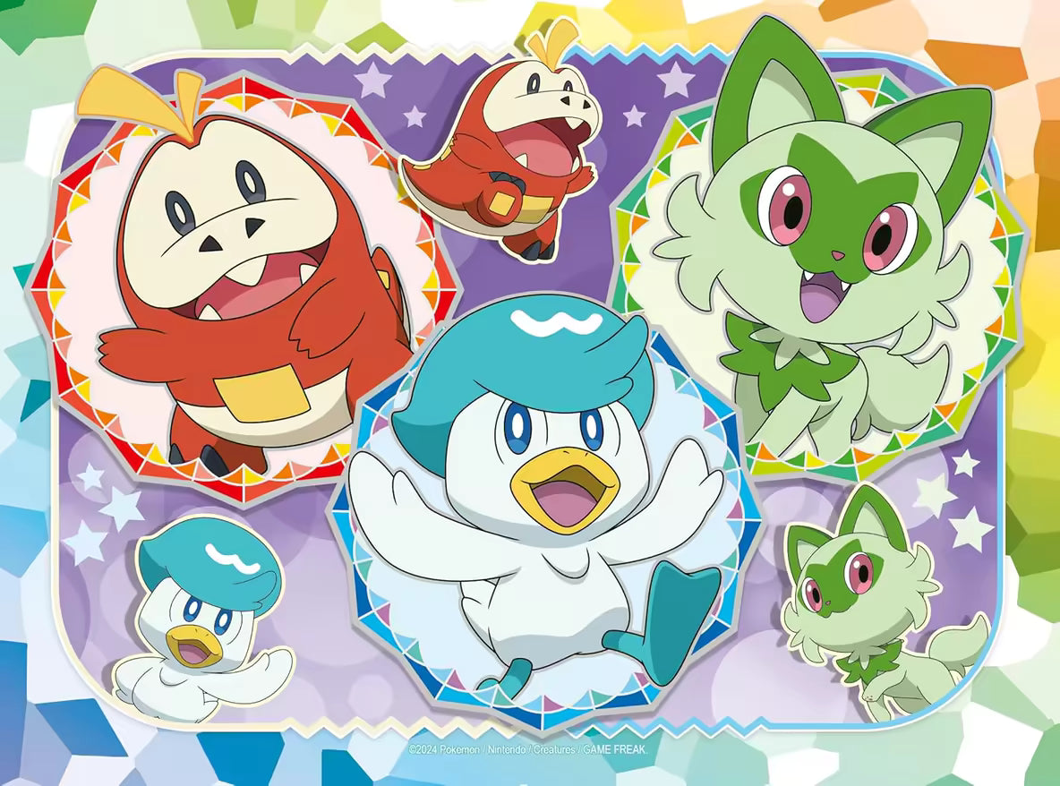 Pokémon puzzel met Fuecoco, Quaxly en Sprigatito, kleurrijke Ravensburger puzzel van 24 stukjes.