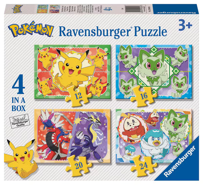 puzzel 4-in-1 verpakking van Ravensburger met Pikachu en starters, ideaal als peuter puzzel.