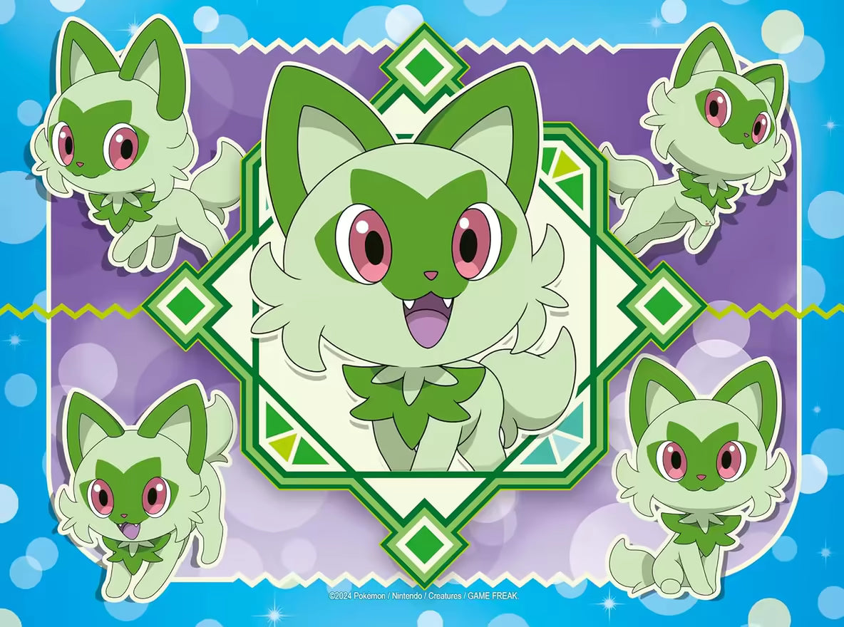 Pokémon puzzel van Sprigatito in vrolijke groene en paarse kleuren, Ravensburger peuter puzzel van 16 stukjes.