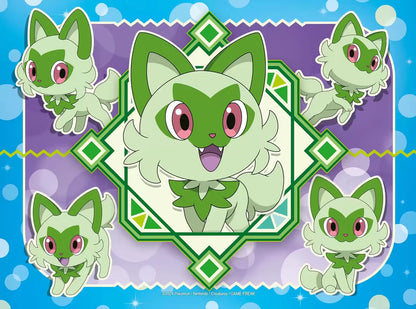 Pokémon puzzel van Sprigatito in vrolijke groene en paarse kleuren, Ravensburger peuter puzzel van 16 stukjes.
