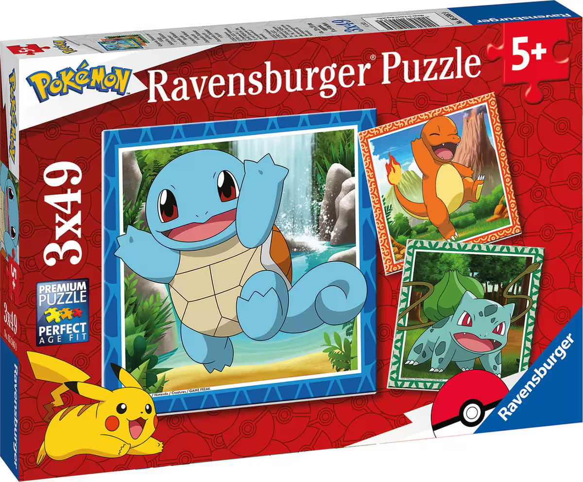 Ravensburger Pokemon puzzel verpakking met kleurrijke illustraties van Squirtle, Charmander en Bulbasaur voor kinderen.
