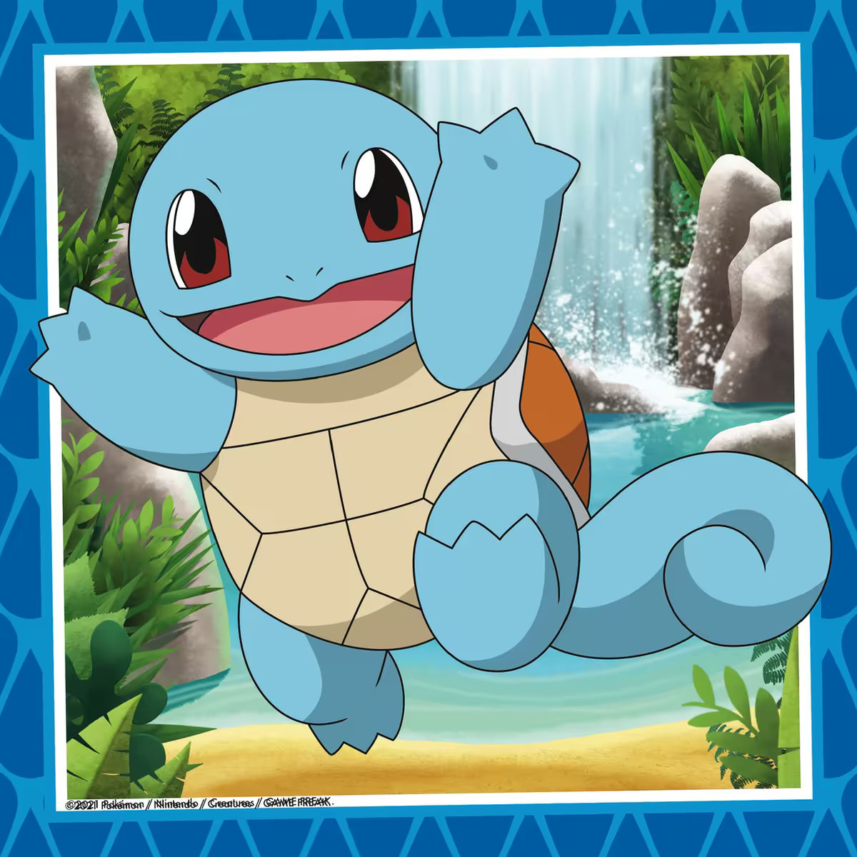 Detailafbeelding van Ravensburger Pokemon puzzel met Squirtle spelend bij een waterval, kleurrijk en vrolijk ontwerp.